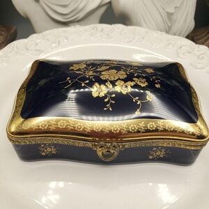 Limoges Large Porcelain Cobalt Blue Gold Hinged Jewelery Box 1970's era Regency